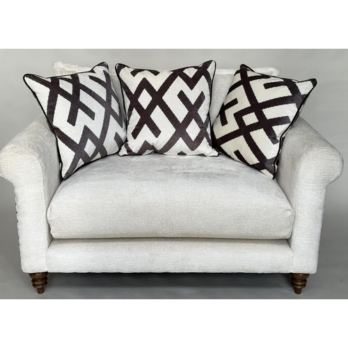 293 - SOFA, Harrison two seater in cream/off white cut velvet chenille with scroll arms, studded sides and... 