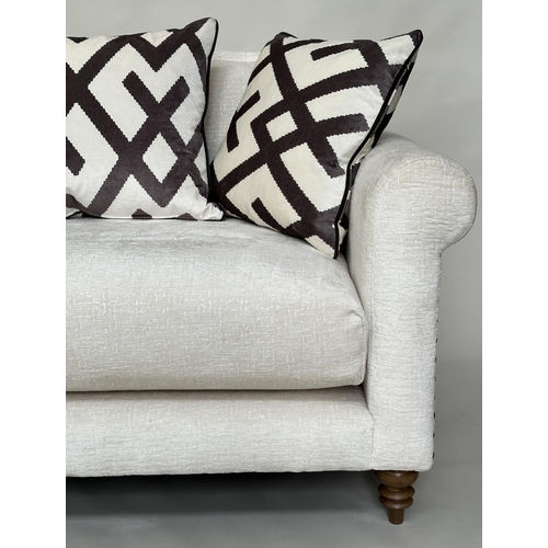 293 - SOFA, Harrison two seater in cream/off white cut velvet chenille with scroll arms, studded sides and... 