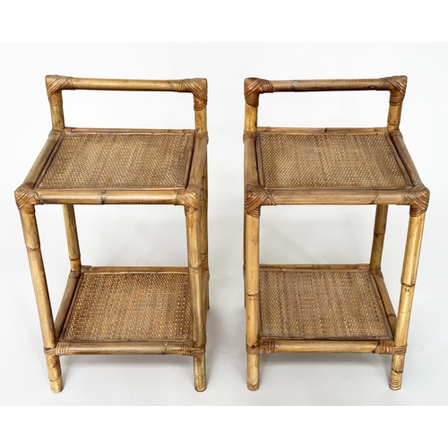 294 - BAMBOO LAMP TABLES, a pair, wicker panelled and cane bound each with undertier and upstand, 36cm x 3... 