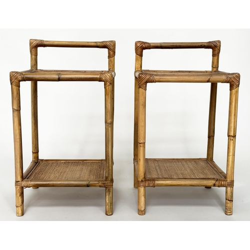 294 - BAMBOO LAMP TABLES, a pair, wicker panelled and cane bound each with undertier and upstand, 36cm x 3... 