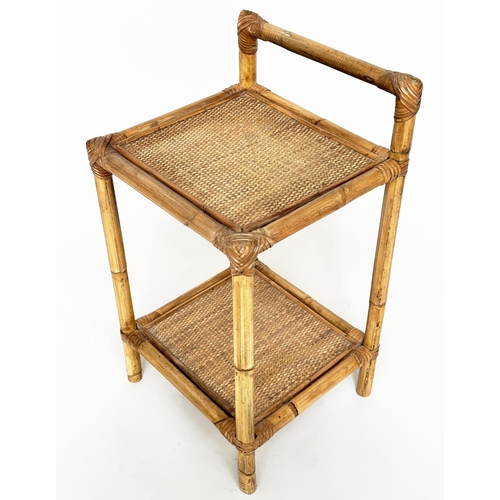 294 - BAMBOO LAMP TABLES, a pair, wicker panelled and cane bound each with undertier and upstand, 36cm x 3... 