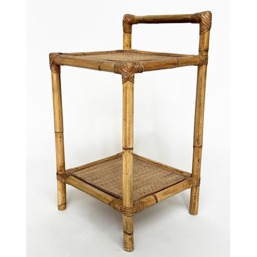 294 - BAMBOO LAMP TABLES, a pair, wicker panelled and cane bound each with undertier and upstand, 36cm x 3... 