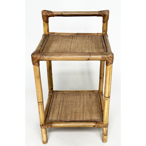 294 - BAMBOO LAMP TABLES, a pair, wicker panelled and cane bound each with undertier and upstand, 36cm x 3... 