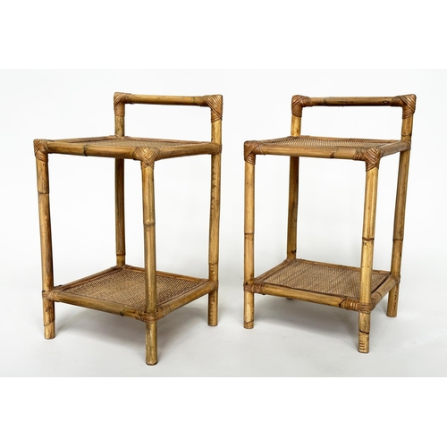 294 - BAMBOO LAMP TABLES, a pair, wicker panelled and cane bound each with undertier and upstand, 36cm x 3... 