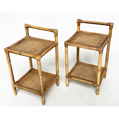 294 - BAMBOO LAMP TABLES, a pair, wicker panelled and cane bound each with undertier and upstand, 36cm x 3... 