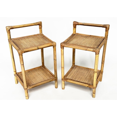 294 - BAMBOO LAMP TABLES, a pair, wicker panelled and cane bound each with undertier and upstand, 36cm x 3... 