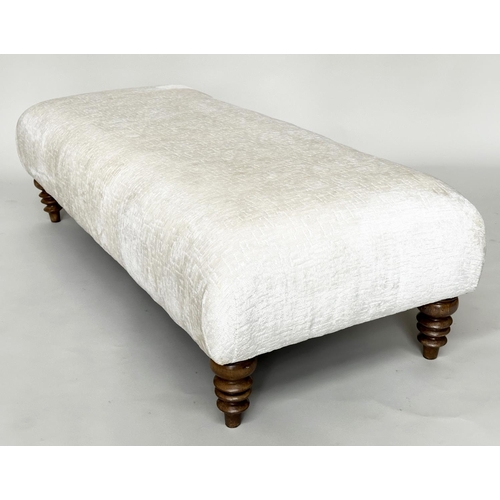 295 - FOOTSTOOL, rectangular with cream/off white cut velvet chenille upholstery and turned supports, 140c... 