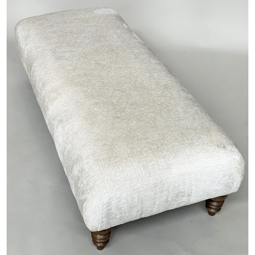 295 - FOOTSTOOL, rectangular with cream/off white cut velvet chenille upholstery and turned supports, 140c... 