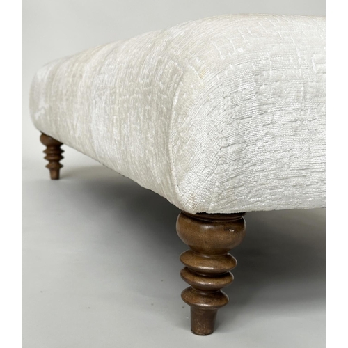 295 - FOOTSTOOL, rectangular with cream/off white cut velvet chenille upholstery and turned supports, 140c... 