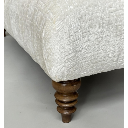 295 - FOOTSTOOL, rectangular with cream/off white cut velvet chenille upholstery and turned supports, 140c... 