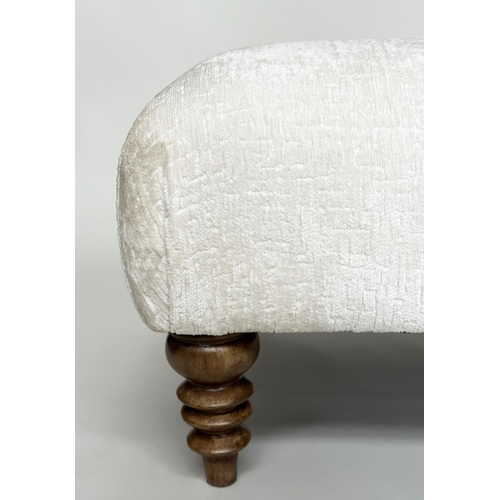 295 - FOOTSTOOL, rectangular with cream/off white cut velvet chenille upholstery and turned supports, 140c... 