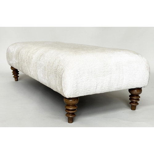 295 - FOOTSTOOL, rectangular with cream/off white cut velvet chenille upholstery and turned supports, 140c... 