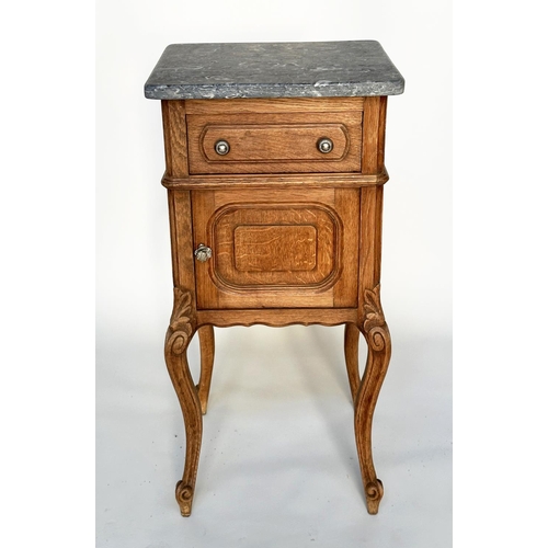 296 - BEDSIDE CABINETS, a pair, 19th century French oak each with drawer and panelled door and St Annes va... 