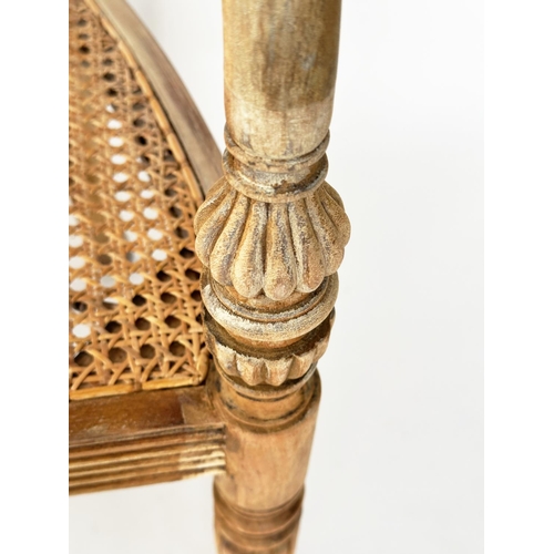 298 - HALL SEAT, Colonial style rail back with cane seat and down swept arms, 107cm W.