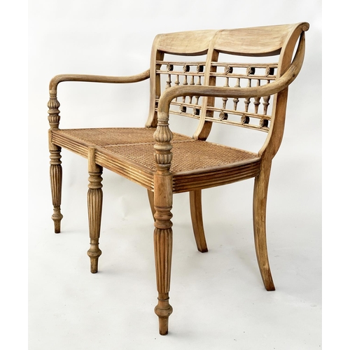 298 - HALL SEAT, Colonial style rail back with cane seat and down swept arms, 107cm W.