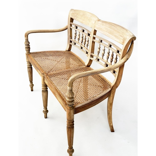 298 - HALL SEAT, Colonial style rail back with cane seat and down swept arms, 107cm W.