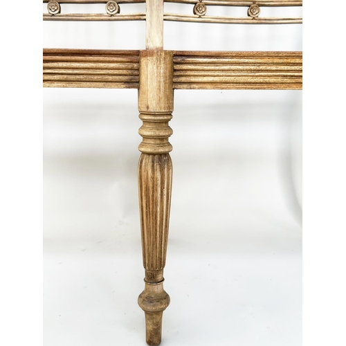 298 - HALL SEAT, Colonial style rail back with cane seat and down swept arms, 107cm W.