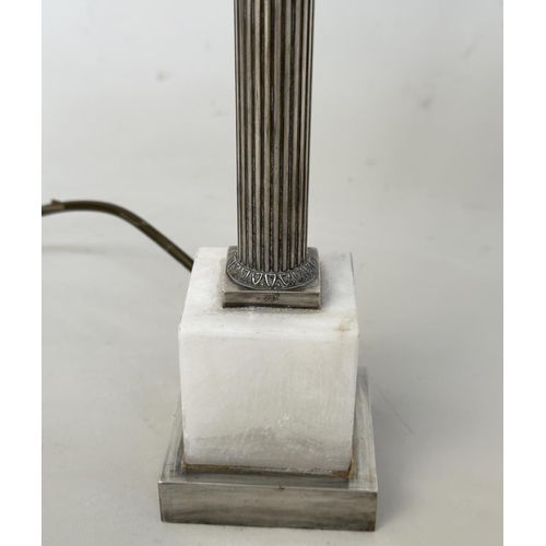 299 - COLUMN TABLE LAMPS, a pair, with silvered reeded columns and square marble plinths, with shades, 48c... 