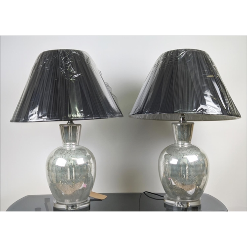 317 - TABLE LAMPS, a pair, églomisé style glass with black shades, 75cm H. (2)