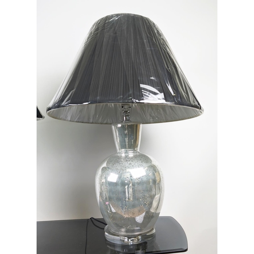 317 - TABLE LAMPS, a pair, églomisé style glass with black shades, 75cm H. (2)