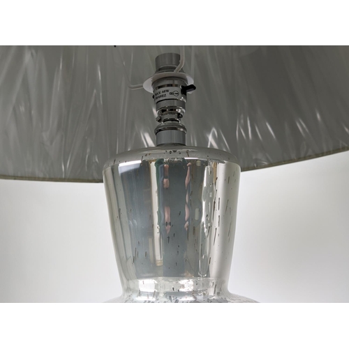 317 - TABLE LAMPS, a pair, églomisé style glass with black shades, 75cm H. (2)