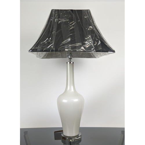 318 - TABLE LAMPS, a pair, white glass with black shades, 89cm H. (2)