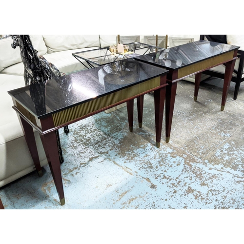 321 - CONSOLE TABLES, a pair, 49cm x 78cm H x 110cm, with polished black stone tops on wooden bases, with ... 