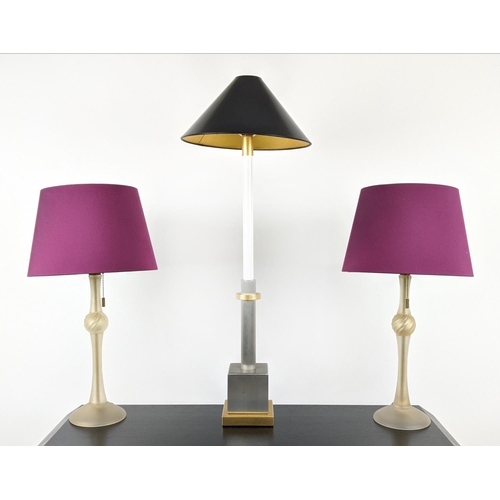 322 - TABLE LAMPS, a pair, each 60cm H overall including shades, wires conjoined and another differing lam... 