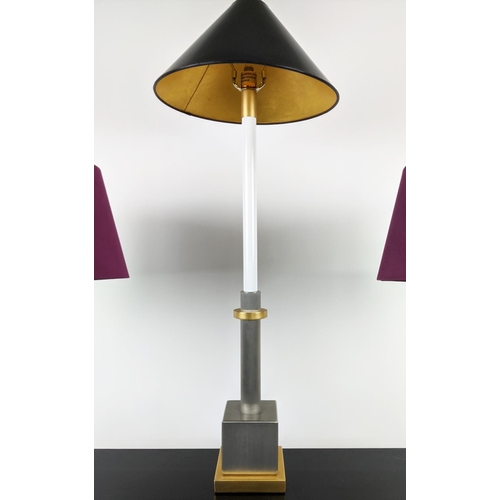 322 - TABLE LAMPS, a pair, each 60cm H overall including shades, wires conjoined and another differing lam... 