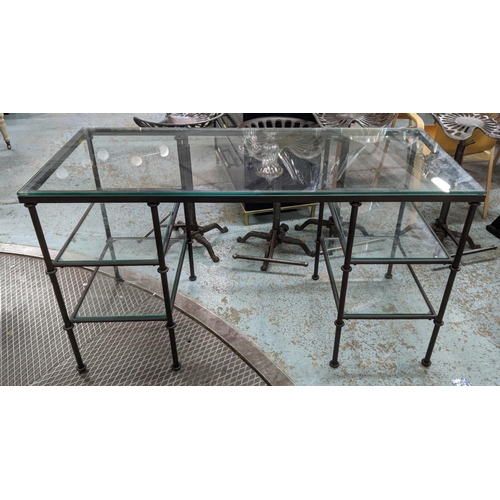 323 - DESK, metal frame, glass top, with two glass shelves either side, 140cm x 61cm x 76.5cm.