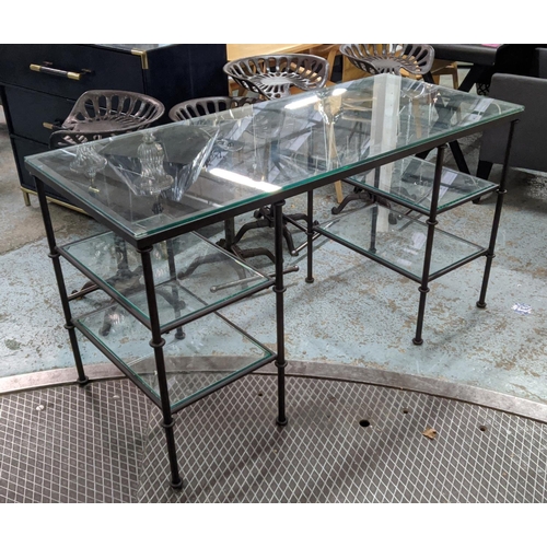 323 - DESK, metal frame, glass top, with two glass shelves either side, 140cm x 61cm x 76.5cm.