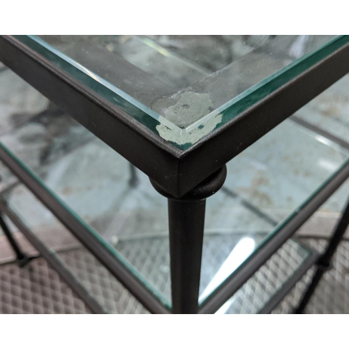 323 - DESK, metal frame, glass top, with two glass shelves either side, 140cm x 61cm x 76.5cm.