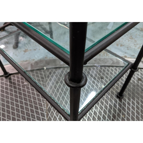 323 - DESK, metal frame, glass top, with two glass shelves either side, 140cm x 61cm x 76.5cm.