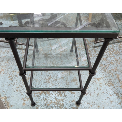 323 - DESK, metal frame, glass top, with two glass shelves either side, 140cm x 61cm x 76.5cm.