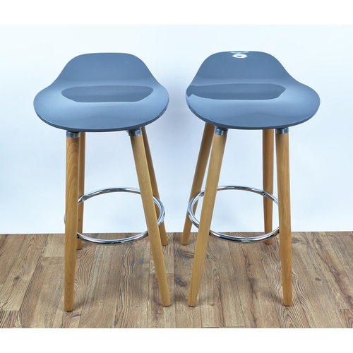 347 - BAR STOOLS, a pair, each 39cm x 81cm H, the grey moulded seats on wooden supports. (2)