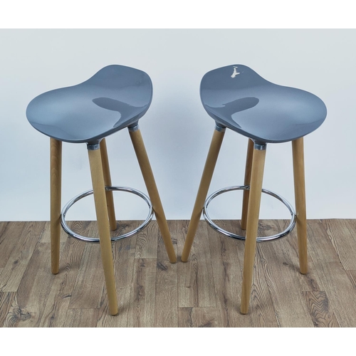 347 - BAR STOOLS, a pair, each 39cm x 81cm H, the grey moulded seats on wooden supports. (2)