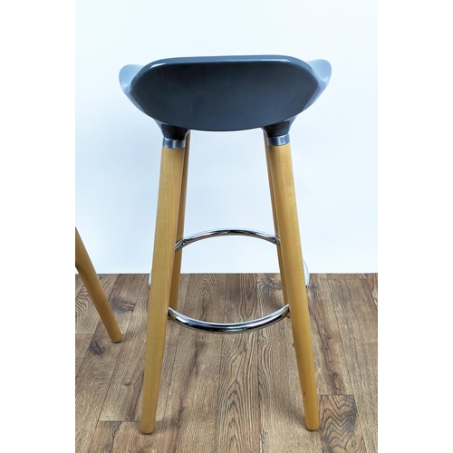 347 - BAR STOOLS, a pair, each 39cm x 81cm H, the grey moulded seats on wooden supports. (2)