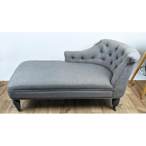 350 - CHAISE LONGUE, 140cm x 60cm, grey fabric, buttoned back upholstery.