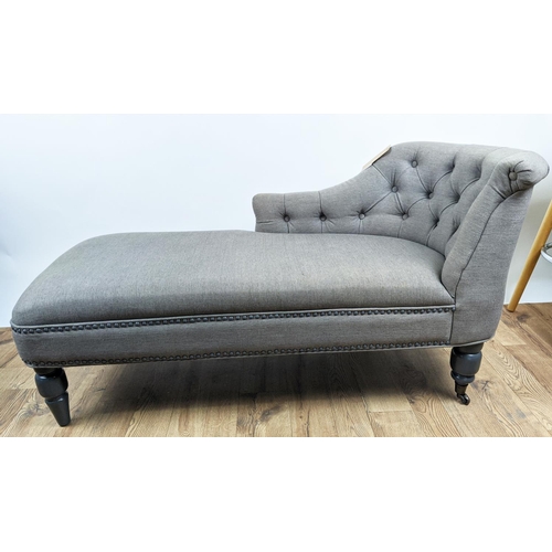 350 - CHAISE LONGUE, 140cm x 60cm, grey fabric, buttoned back upholstery.