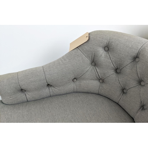 350 - CHAISE LONGUE, 140cm x 60cm, grey fabric, buttoned back upholstery.