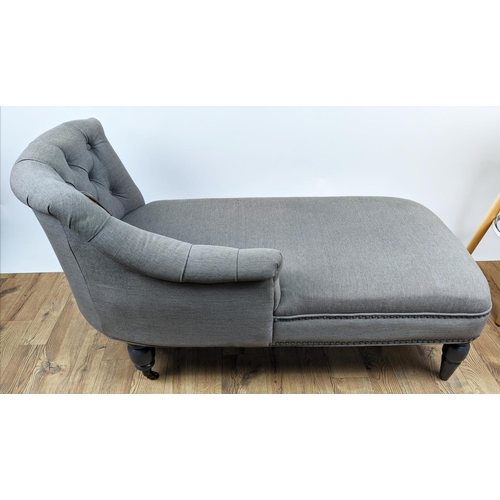 350 - CHAISE LONGUE, 140cm x 60cm, grey fabric, buttoned back upholstery.