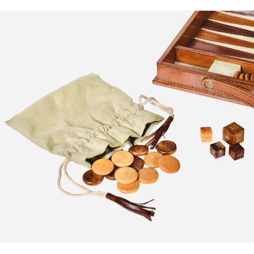 362 - BACKGAMMON SET, in leathered case, 7cm x 23cm x 40cm.