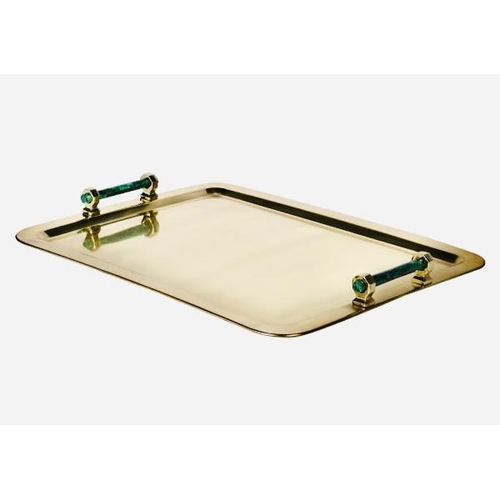 364 - COCKTAIL TRAY, 60cm high, 45cm wide, 5cm deep, gilt metal, malachite effect handles