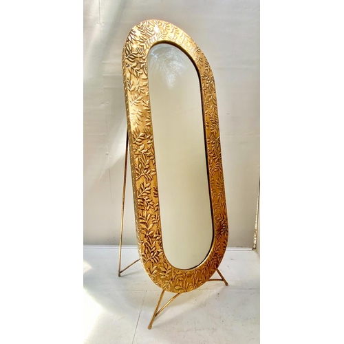 367 - DRESSING MIRROR, floor standing foliage embossed gilt metal frame, 156cm high, 57cm wide, 48cm deep.