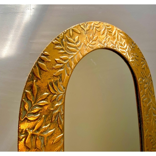 367 - DRESSING MIRROR, floor standing foliage embossed gilt metal frame, 156cm high, 57cm wide, 48cm deep.