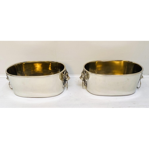 368 - CHAMPAGNE BATHS, a pair, 16cm high, 45cm wide, 26cm deep, lion head ring handles, polish metal. (2)