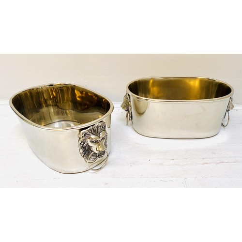 368 - CHAMPAGNE BATHS, a pair, 16cm high, 45cm wide, 26cm deep, lion head ring handles, polish metal. (2)