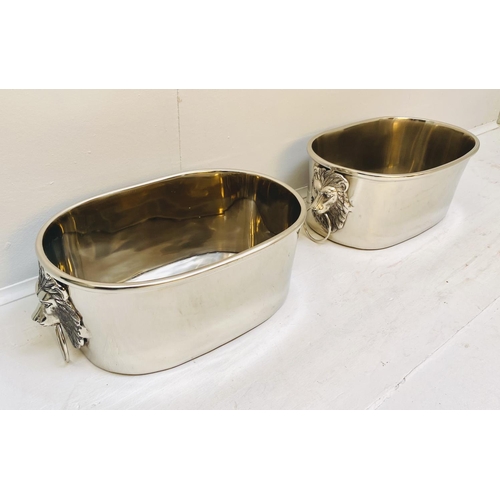 368 - CHAMPAGNE BATHS, a pair, 16cm high, 45cm wide, 26cm deep, lion head ring handles, polish metal. (2)