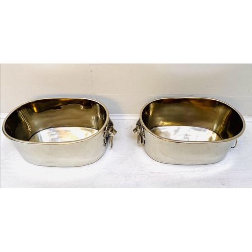 368 - CHAMPAGNE BATHS, a pair, 16cm high, 45cm wide, 26cm deep, lion head ring handles, polish metal. (2)