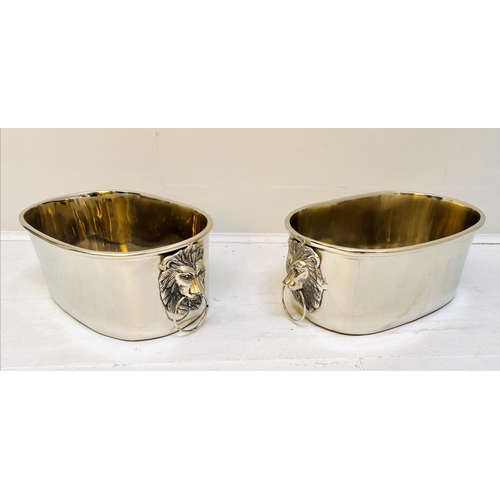 368 - CHAMPAGNE BATHS, a pair, 16cm high, 45cm wide, 26cm deep, lion head ring handles, polish metal. (2)